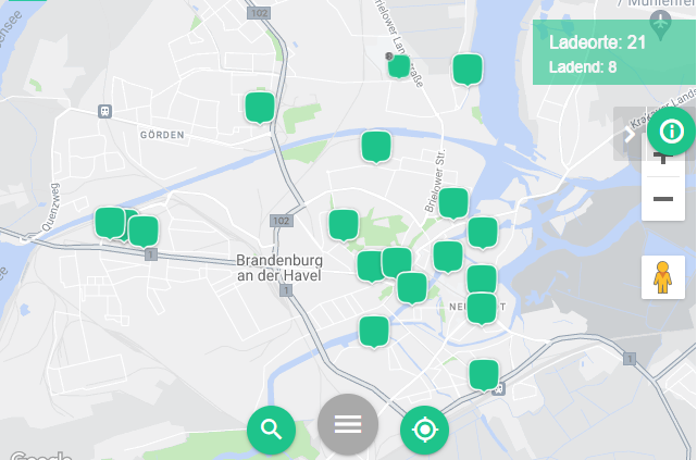 Ausschnitt der Ladekarte mit den Ladepunktstandorten